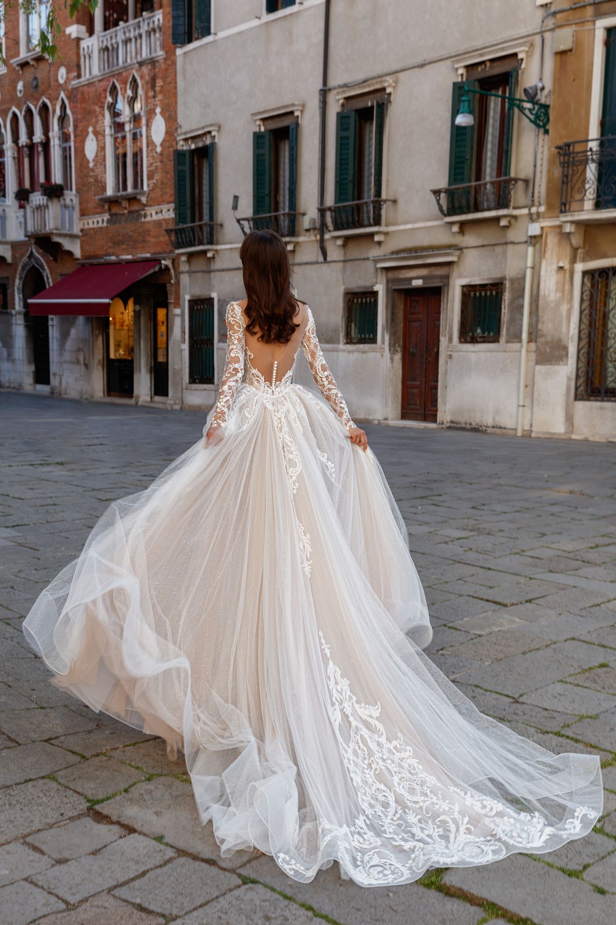 Luxurious lace wedding dress Grays with long sleeves, deep v-neckline, removable skirt and illusion back by famous Oksana Mukha designer, nz 7