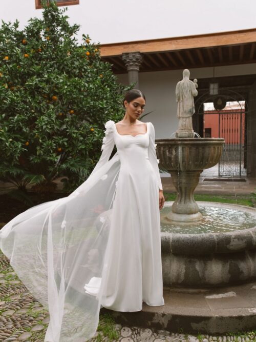 long sleeves wedding dress Vanda decorated with flowers at Dell'Amore Bridal, NZ. 9