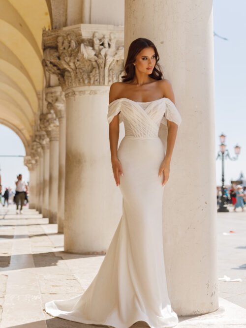 Luxurious sparkling minimalist wedding dress Athena with off-shoulder sleeves, removable skirt and beaded belt by Oksana Mukha designer, nz 3