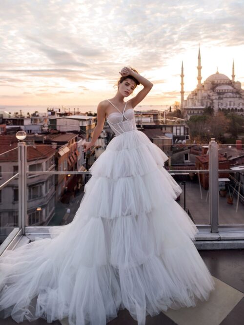 Princess wedding dress Liam by Blammo-Biamo with fluffy multi-layered skirt and bodice embroidered with straps at Dell'Amore Bridal, Auckland, NZ 7