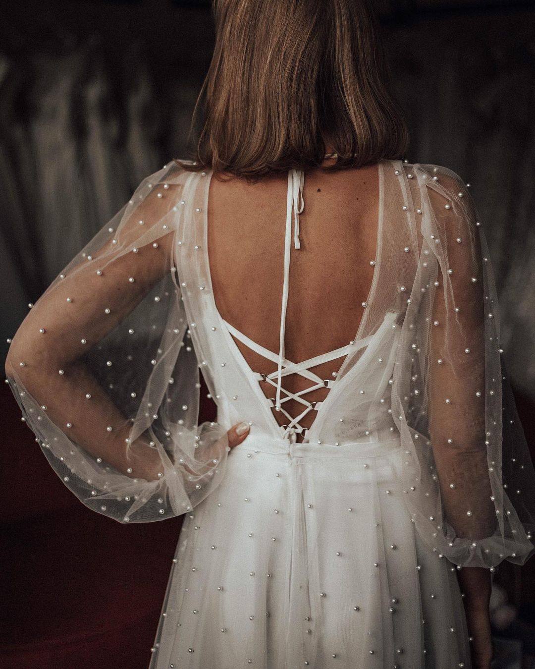 A-line silhouette Long pearl sleeves wedding dress Maja by Rara Avis at Dell"Amore Bridal, Auckland. 2