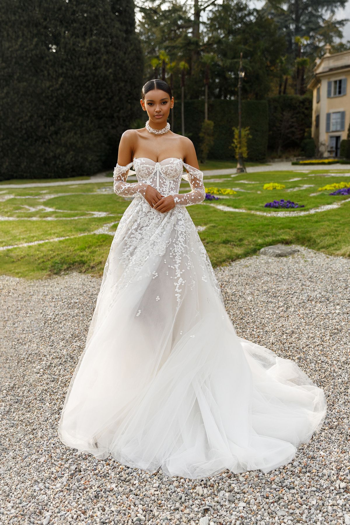 Romantic wedding dress Nancy with sweetheart neckline removable long lace sleeves by oksana mukha at Dell'Amore Bridal, auckland, nz. 8