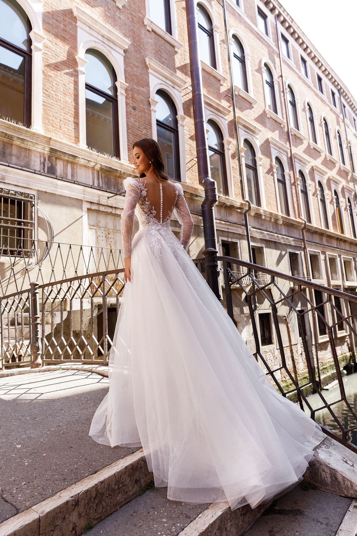 couture style wedding dress Sabrina with A-line silhouette, long lace sleeves, flower neckline and back with the buttons by oksana mukha, nz 8