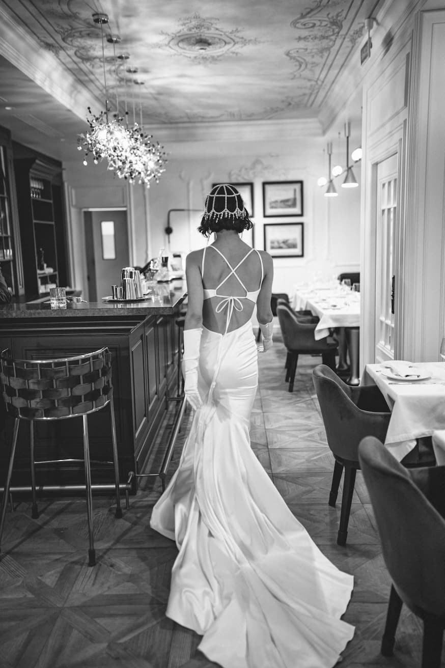 Rara Avis wedding dress Alita mermaid silhouette with thin straps, open back and small train at Dell'Amore Bridal, NZ. 3