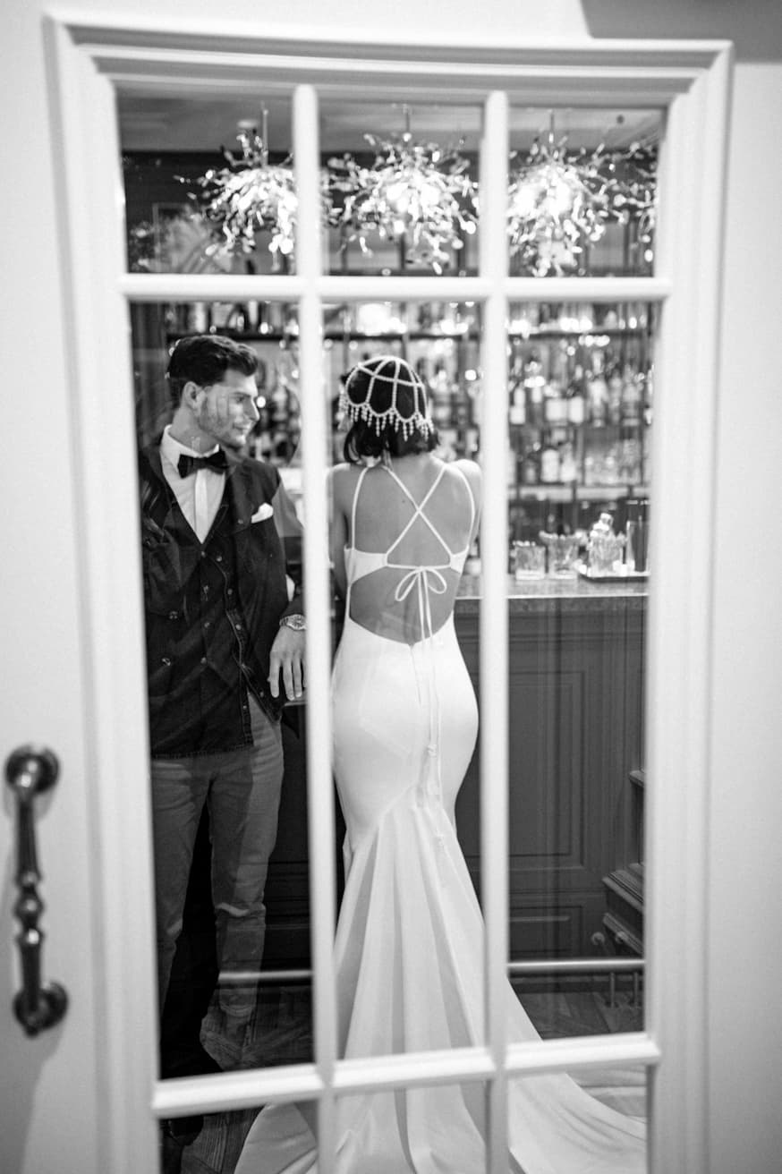 Rara Avis wedding dress Alita mermaid silhouette with thin straps, open back and small train at Dell'Amore Bridal, NZ. 7