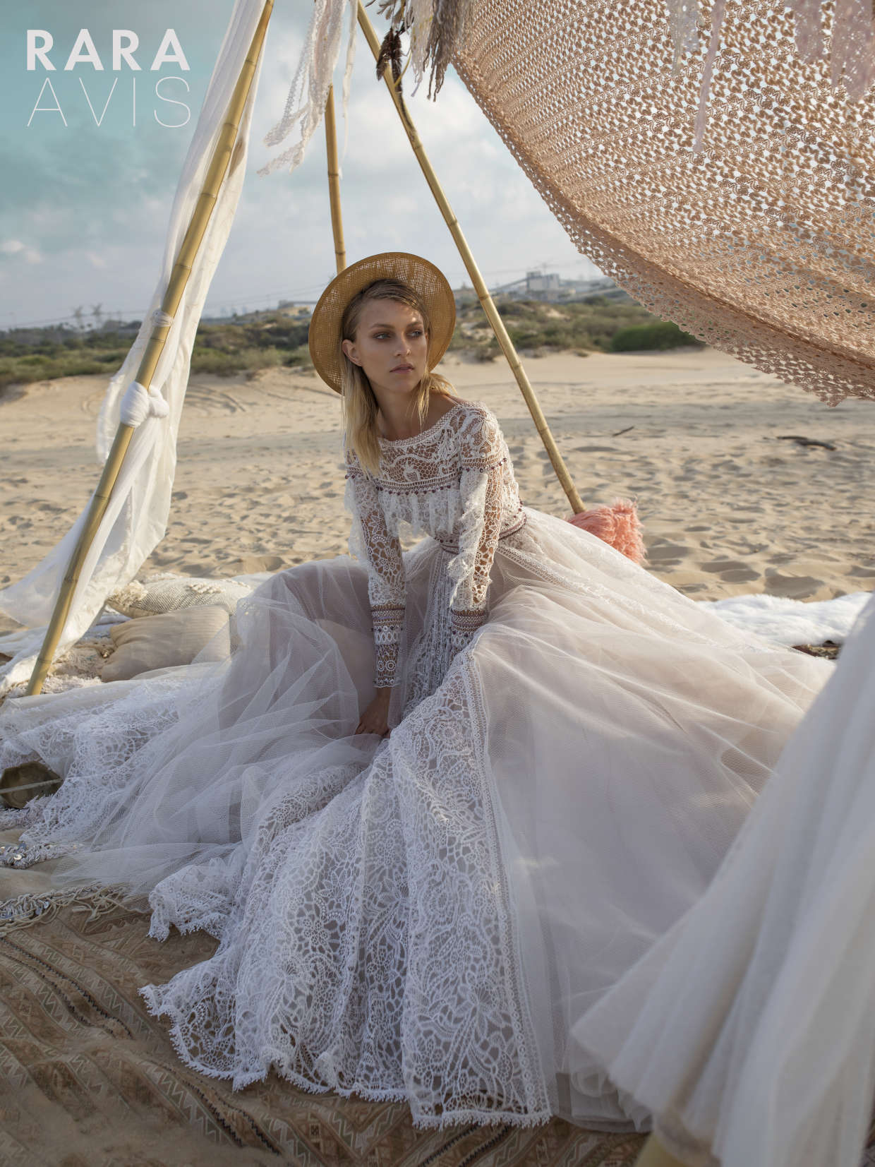 boho bridal dress Alyfi by Rara Avis with boat neck and lace sleeves, image 2