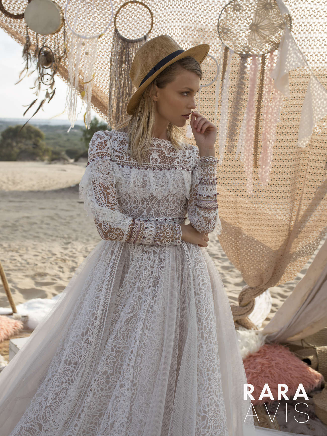 boho bridal dress Alyfi by Rara Avis with boat neck and lace sleeves, image 3