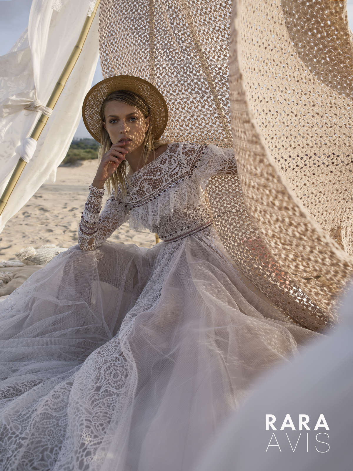 boho bridal dress Alyfi by Rara Avis with boat neck and lace sleeves, image 1