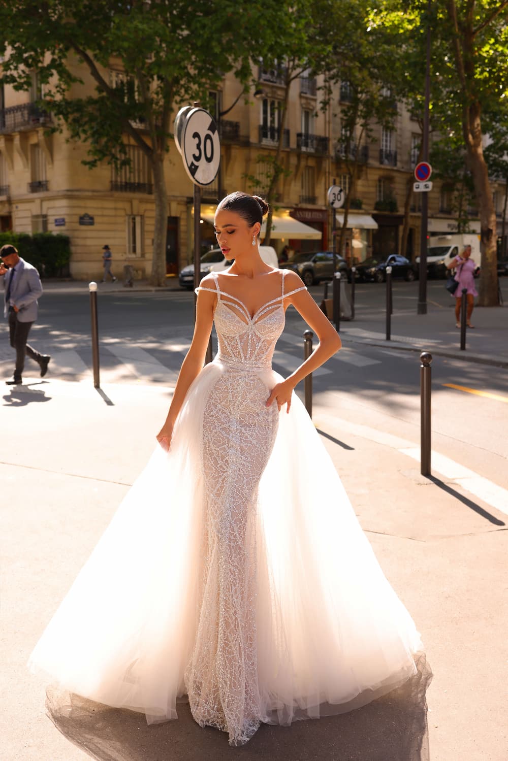 sexy sparkling fitted wedding dress Avantyrin with a removable tulle skirt, open back and glitter straps by rara avis designer, nz 3