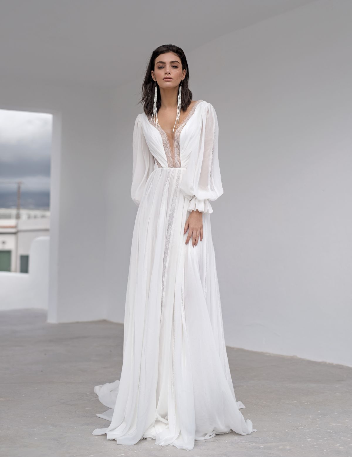 A line beach wedding dress Nait with long sleeves by Rara Avis at Dell' Amore Bridal, Auckland, NZ.3