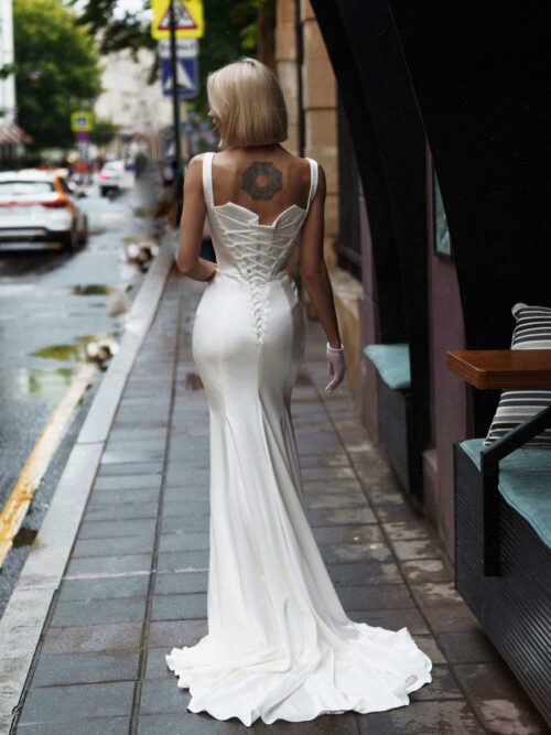 simple fitted satin wedding dress Casablanka with detachable skirt by Rara Avis at Dell'Amore Bridal, Auckland, NZ. 4