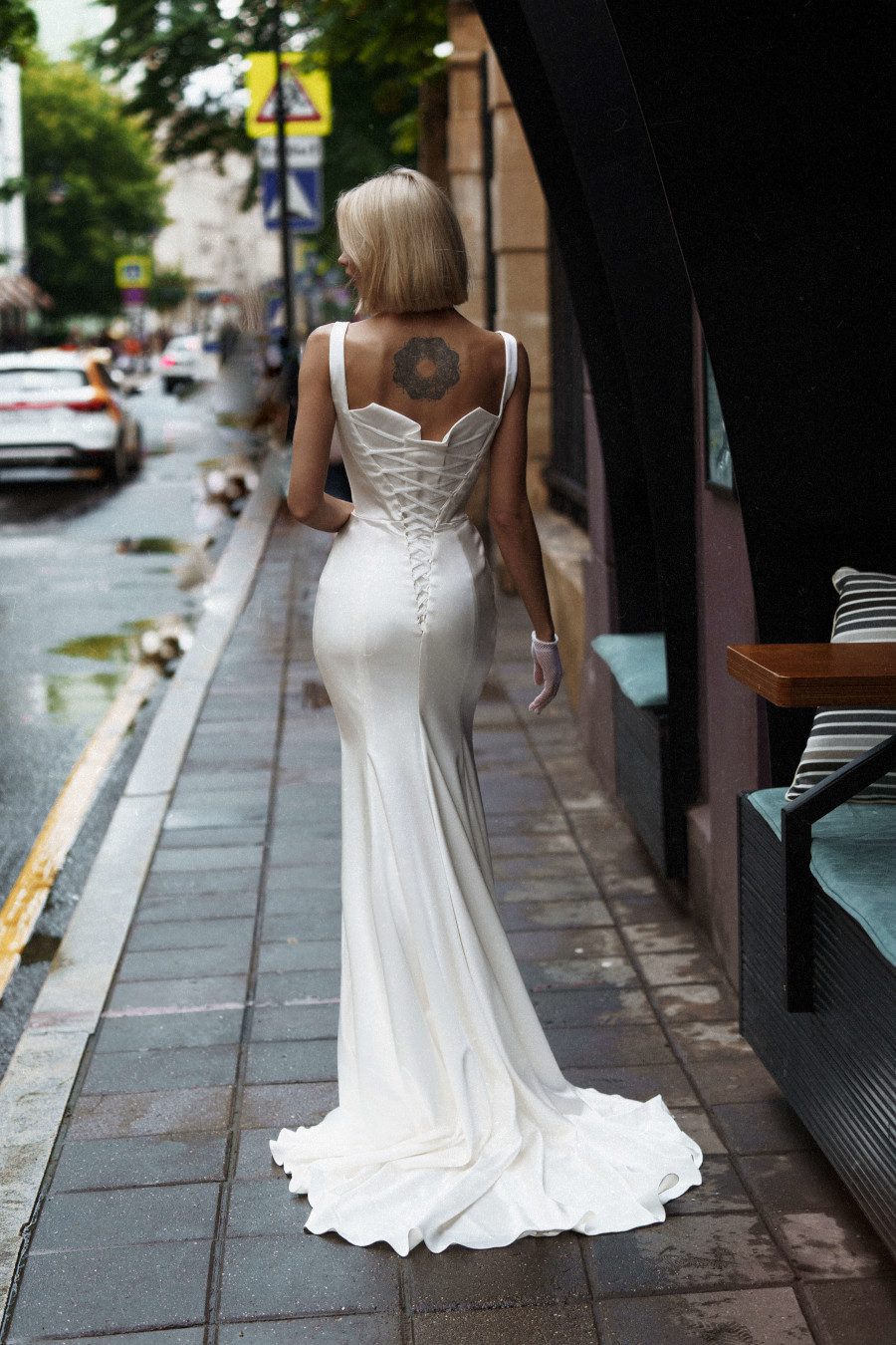 simple fitted satin wedding dress Casablanka with detachable skirt by Rara Avis at Dell'Amore Bridal, Auckland, NZ. 4