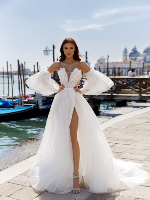 Princess style sparkling wedding gown charmaine with removable sleeves, v-neckline and split on the skirt by oksana mukha, nz 4