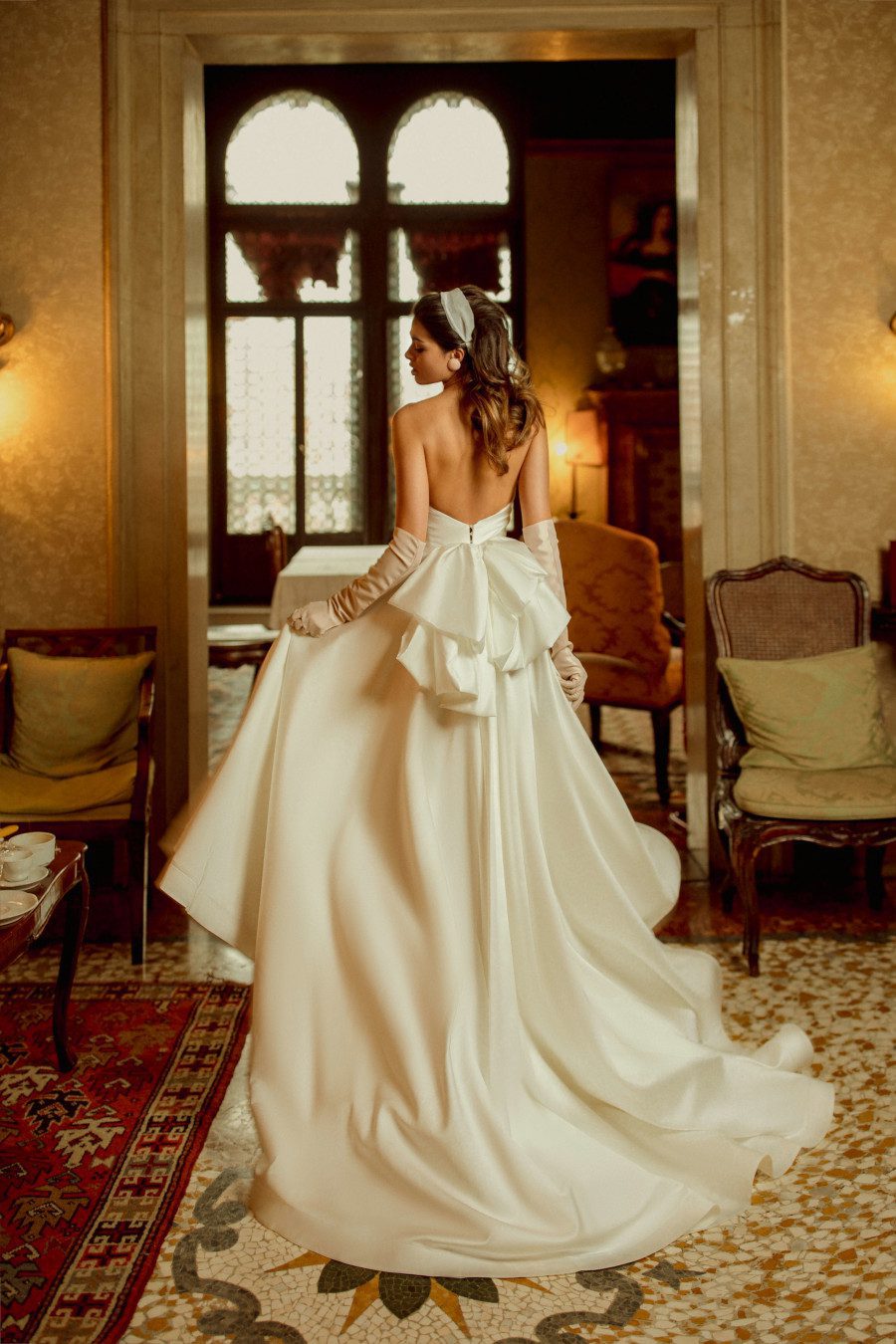 Satin simple midi wedding dress Fara with an elongated train by Rara Avis at Dell'Amore Bridal, Auckland, NZ. 3