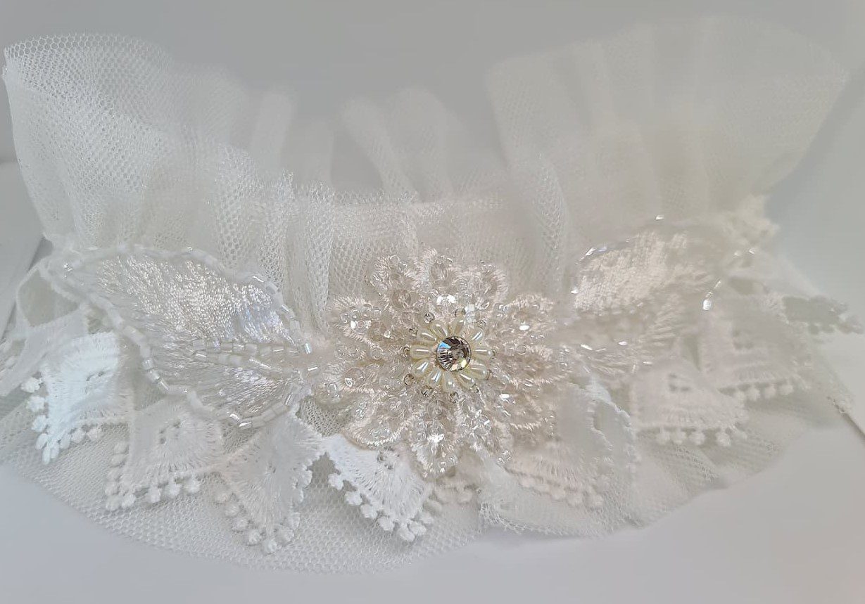 Tulle and lace bridal garter with crystal for wedding photos