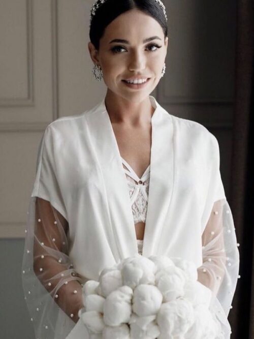 Rara Avis long white bridesmaid robe Ivetta with long transparent lace sleeves at Dell'Amore Bridal, NZ.2