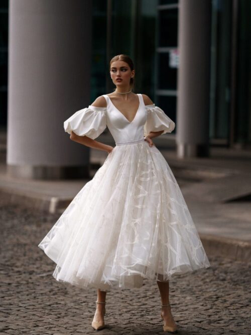 Midi wedding dress Kanye with voluminous sleeves by Rara Avis at Dell'Amore Bridal, Auckland, NZ. 3