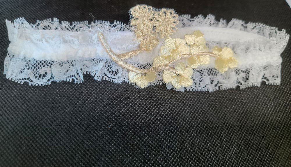 Lace wedding garter with gold leaves and flowers for bridal night, auckland, nz