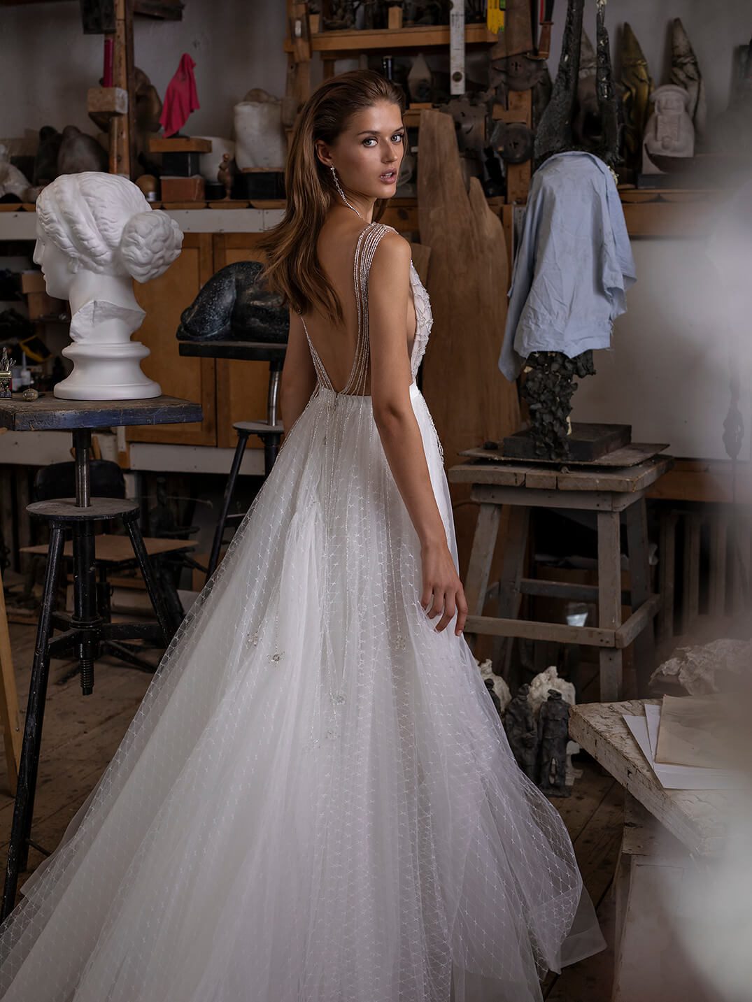 A-line wedding dress with deep v-neckline from Rara Avis Designer 2