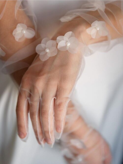 long tulle gloves with flowers from dellamore bridal. nz