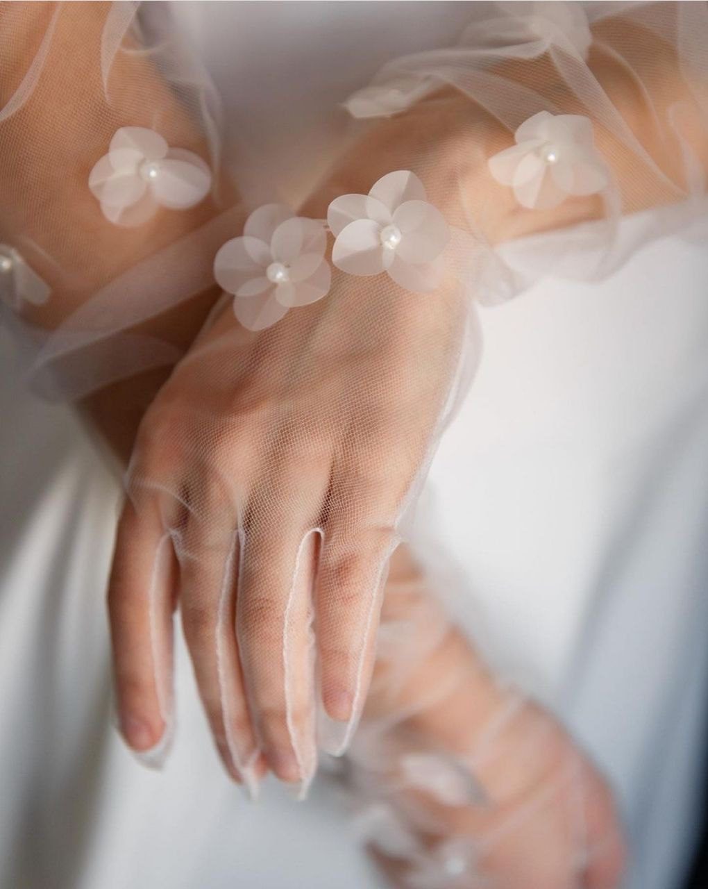 long tulle gloves with flowers from dellamore bridal. nz