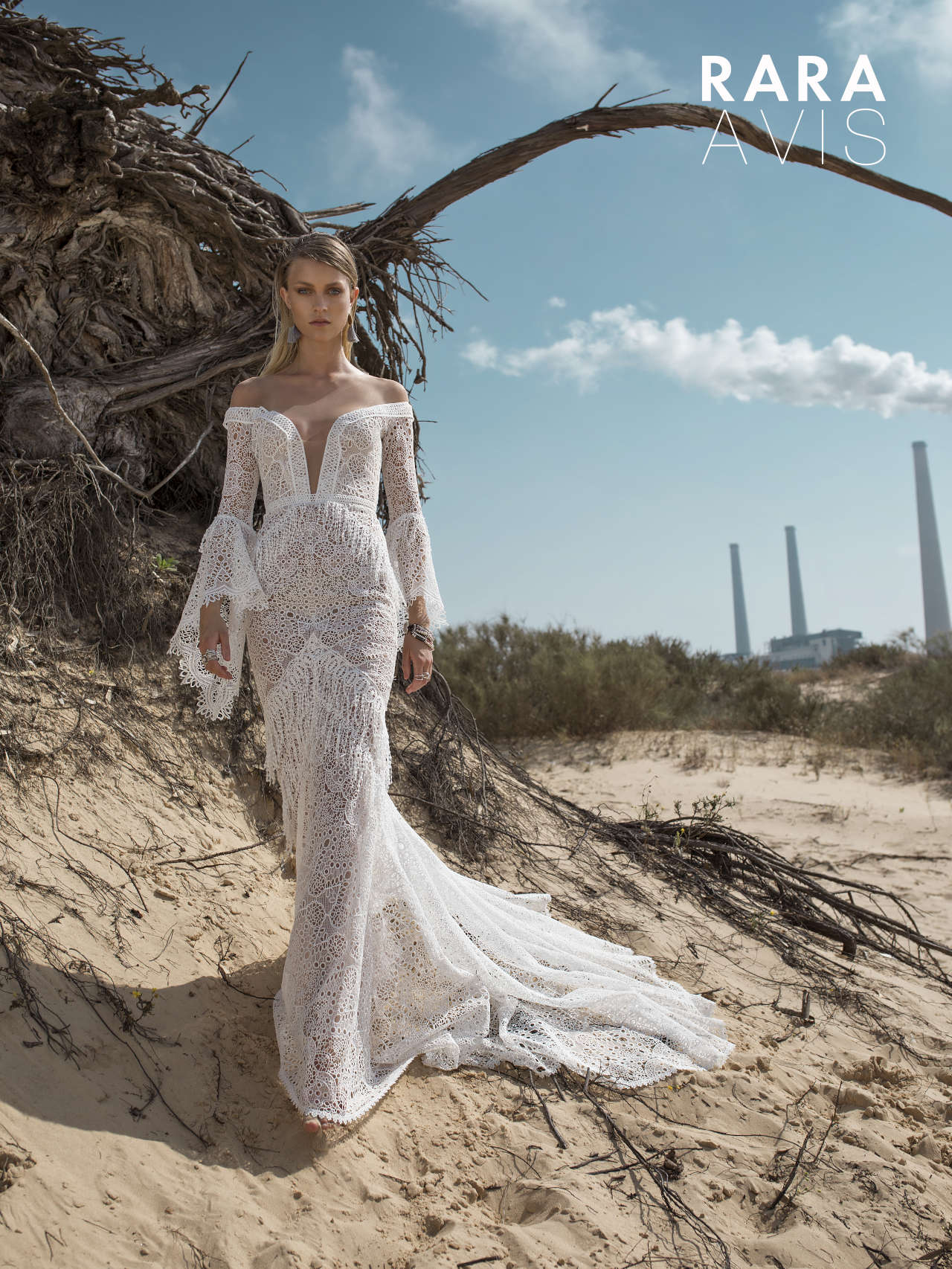 sexy bohemian wedding dress Luchian by Rara Avis with fit and flare silhouette, plunging neckline and long lace sleeves, image 4