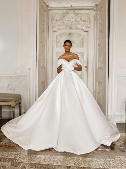 A-line satin sleeves-off Adriana wedding dress by Oksana Mukha at Dell'Amore Bridal, Auckland, NZ 10