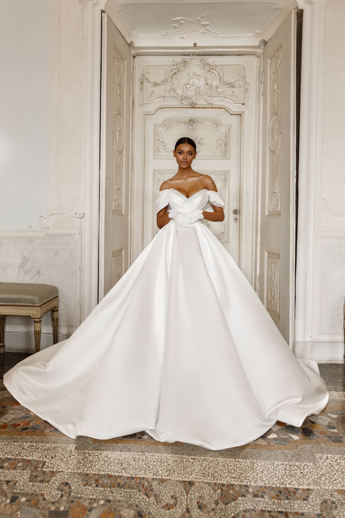 A-line satin sleeves-off Adriana wedding dress by Oksana Mukha at Dell'Amore Bridal, Auckland, NZ 10