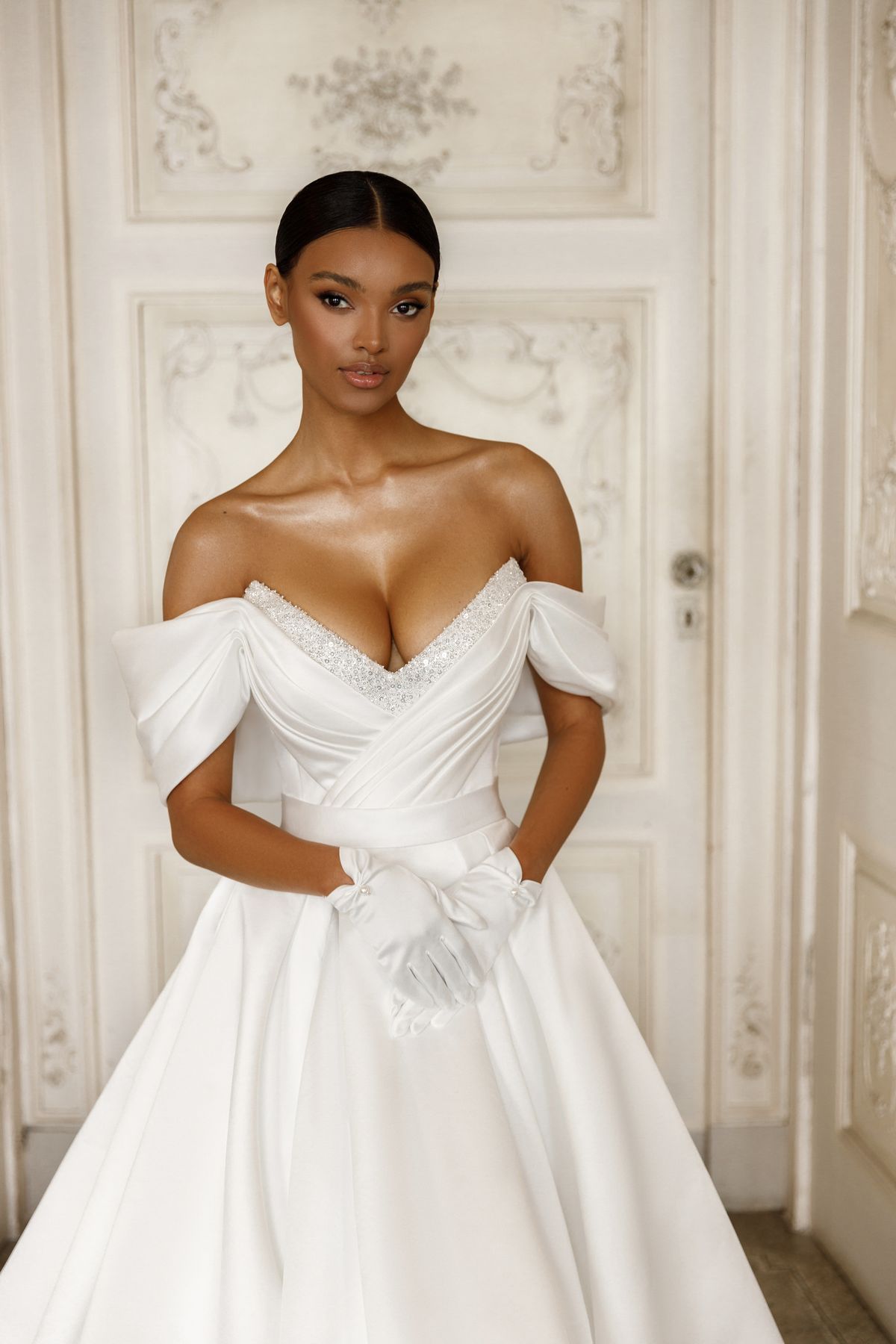 A-line satin sleeves-off Adriana wedding dress by Oksana Mukha at Dell'Amore Bridal, Auckland, NZ 9