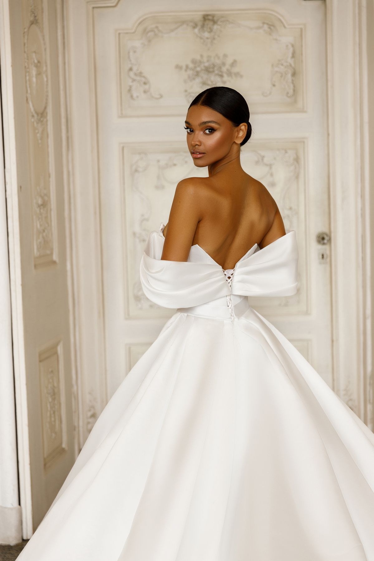 A-line satin sleeves-off Adriana wedding dress by Oksana Mukha at Dell'Amore Bridal, Auckland, NZ 7