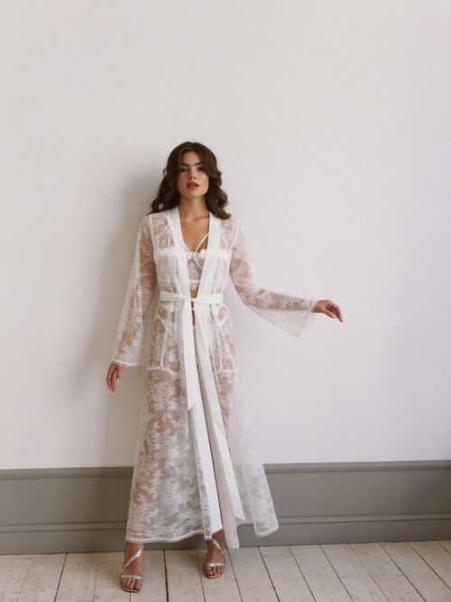 Long White Wedding robe Net made from lace with long sleeves on the back, auckland, nz 1