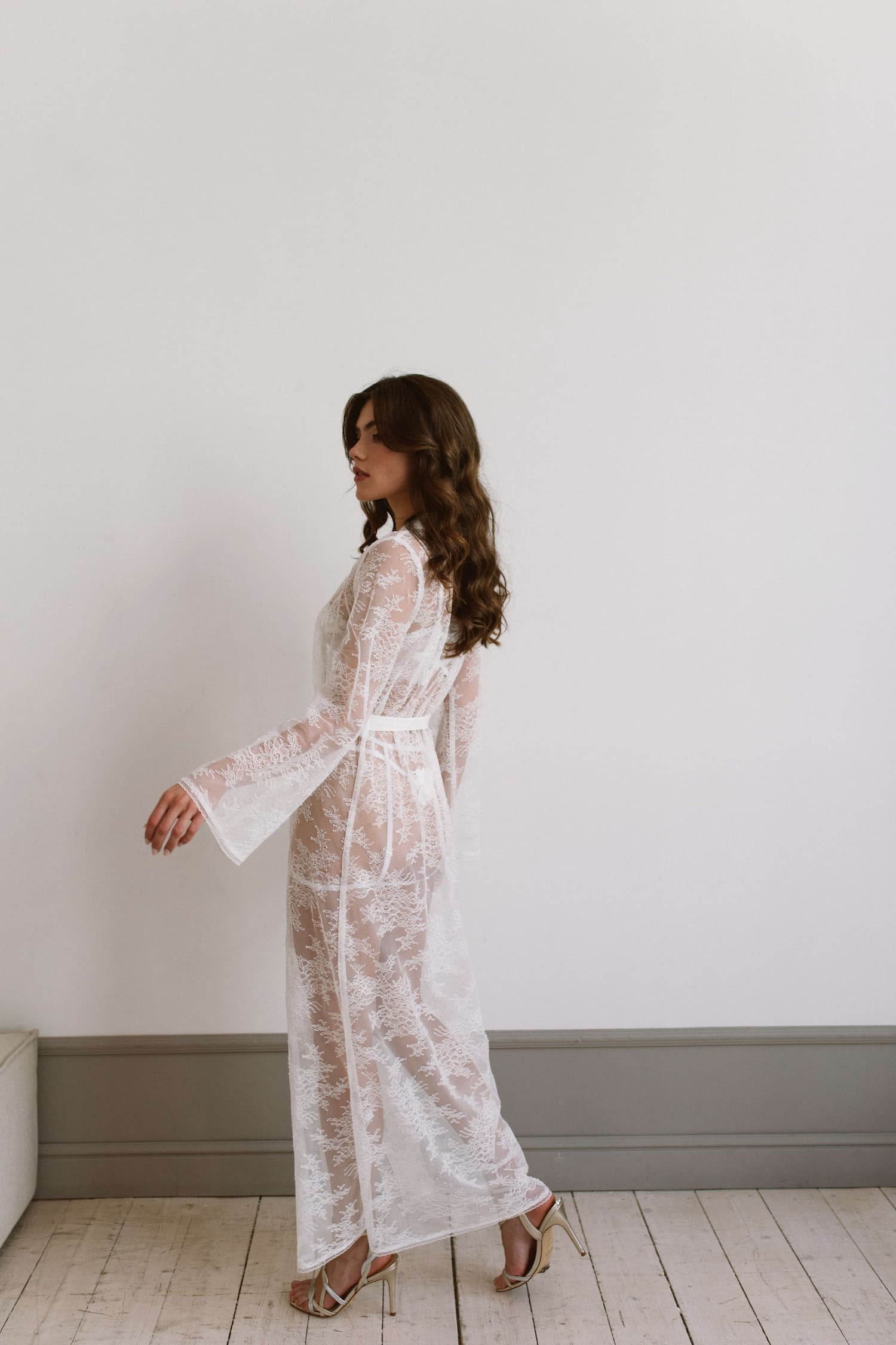 Long White Wedding robe Net made from lace with long sleeves on the back, auckland, nz 2