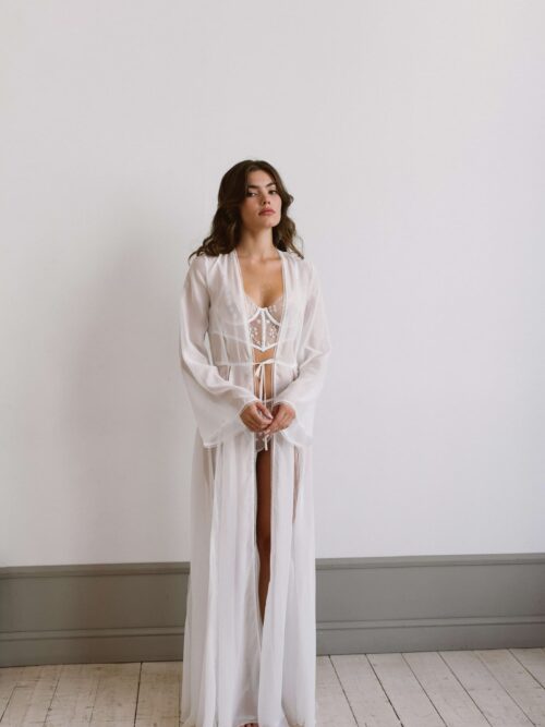 Long white Wedding robe Ostie with long sleeves on the back, auckland, nz 1