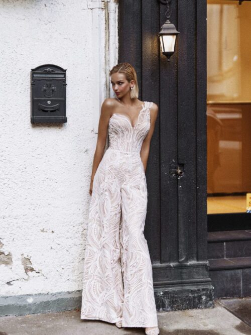 Corset lace sparkling wedding jumpsuit Marrakesh by Rara Avis at Dell'Amore Bridal, Auckland. 4