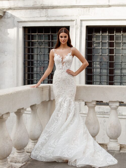 Mermaid silhouette Ioanna wedding dress by Oksana Mukha with cut-off above the knee line at Dell'Amore Bridal, Auckland, NZ 4