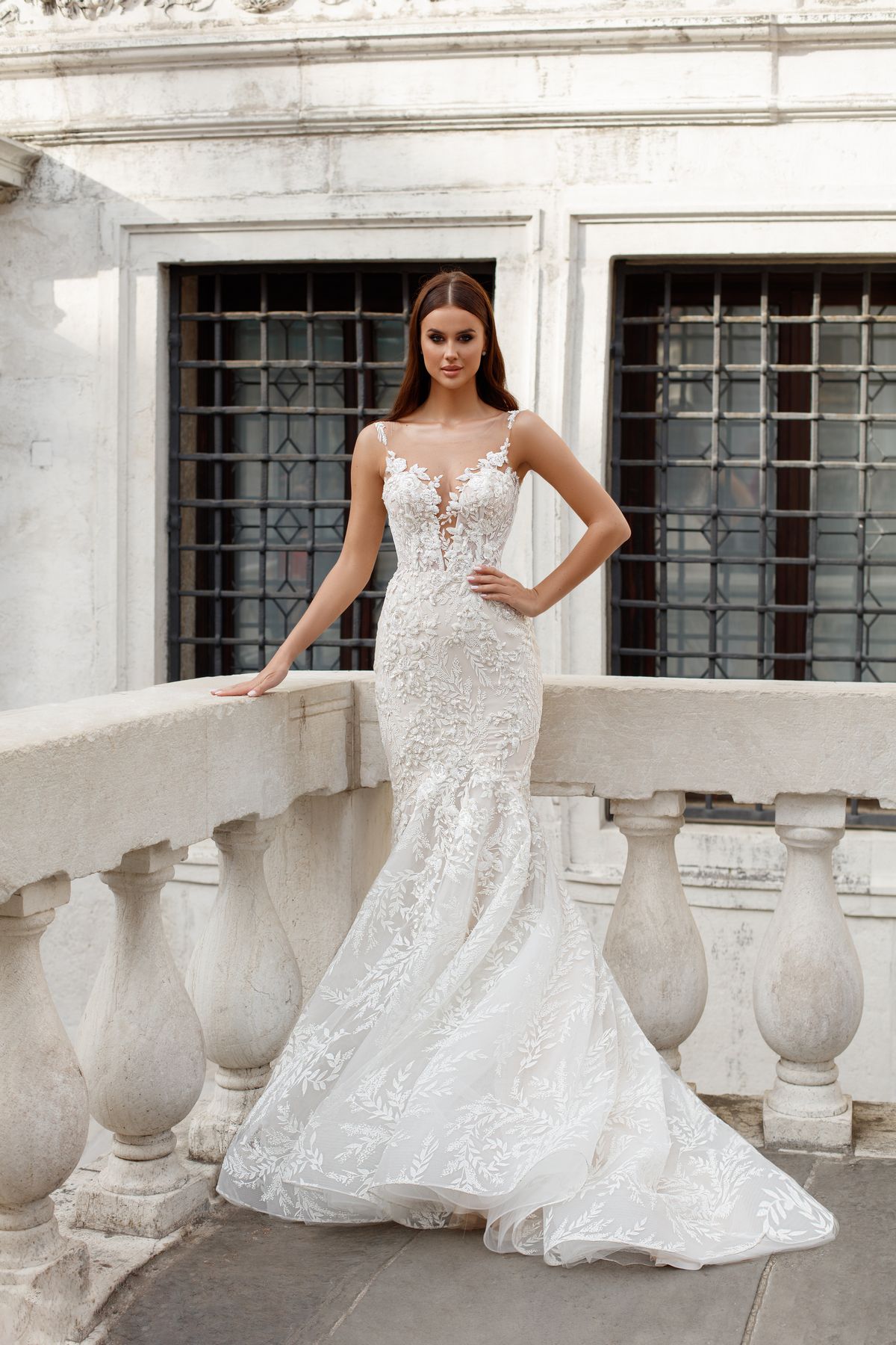 Mermaid silhouette Ioanna wedding dress by Oksana Mukha with cut-off above the knee line at Dell'Amore Bridal, Auckland, NZ 4