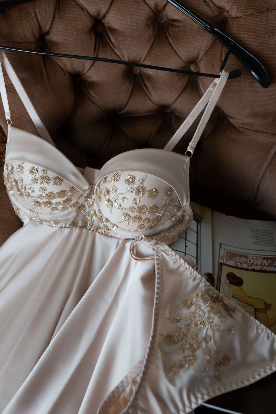 Rara Avis Moore tea colour chemise with gold decorations at Dell'Amore Bridal, NZ.1