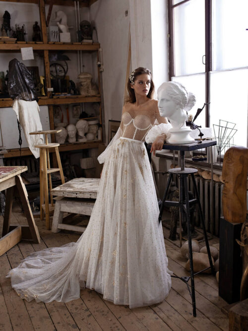 A line lace wedding dress Mullet with off shoulder long sleeves and sweetheart by Rara Avis at Dell' Amore Bridal, Auckland, NZ. 3