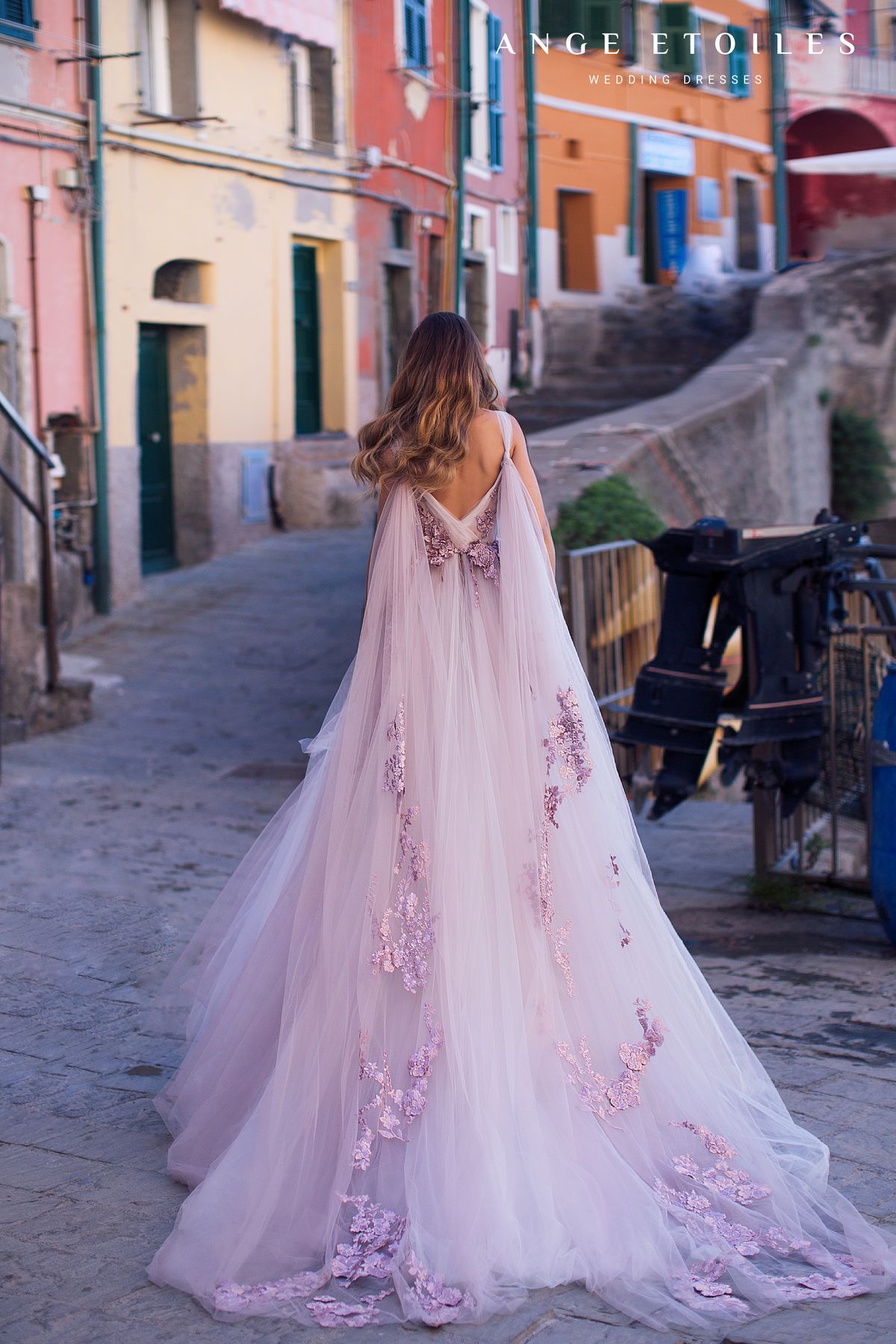 Dreamy purple wedding dress Petunia with puffy princess skirt, long lace wings and plunge neckline by Ange-Etoiles, back of the dress. 3