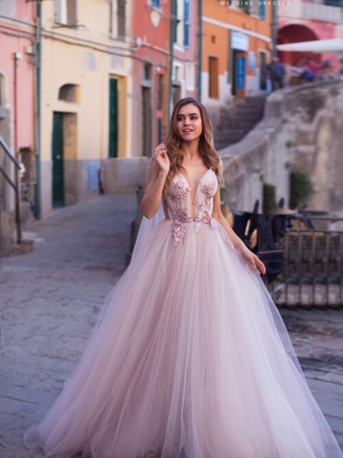 Dreamy purple wedding dress Petunia with puffy princess skirt, long lace wings and plunge neckline by Ange-Etoiles, back of the dress. 1