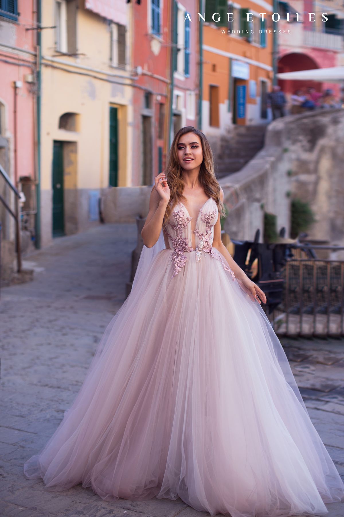 Dreamy purple wedding dress Petunia with puffy princess skirt, long lace wings and plunge neckline by Ange-Etoiles, back of the dress. 1