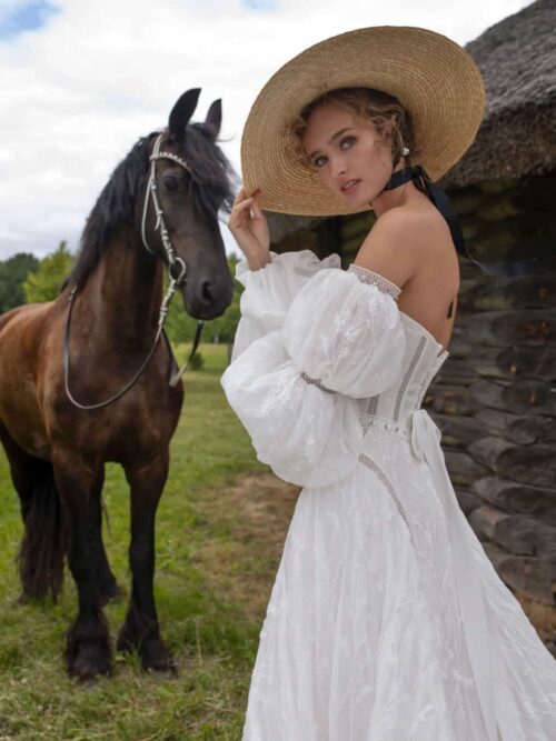 A line lace wedding dress Ranell with detachable long sleeves by Rara Avis at Dell' Amore Bridal, Auckland, NZ. 9