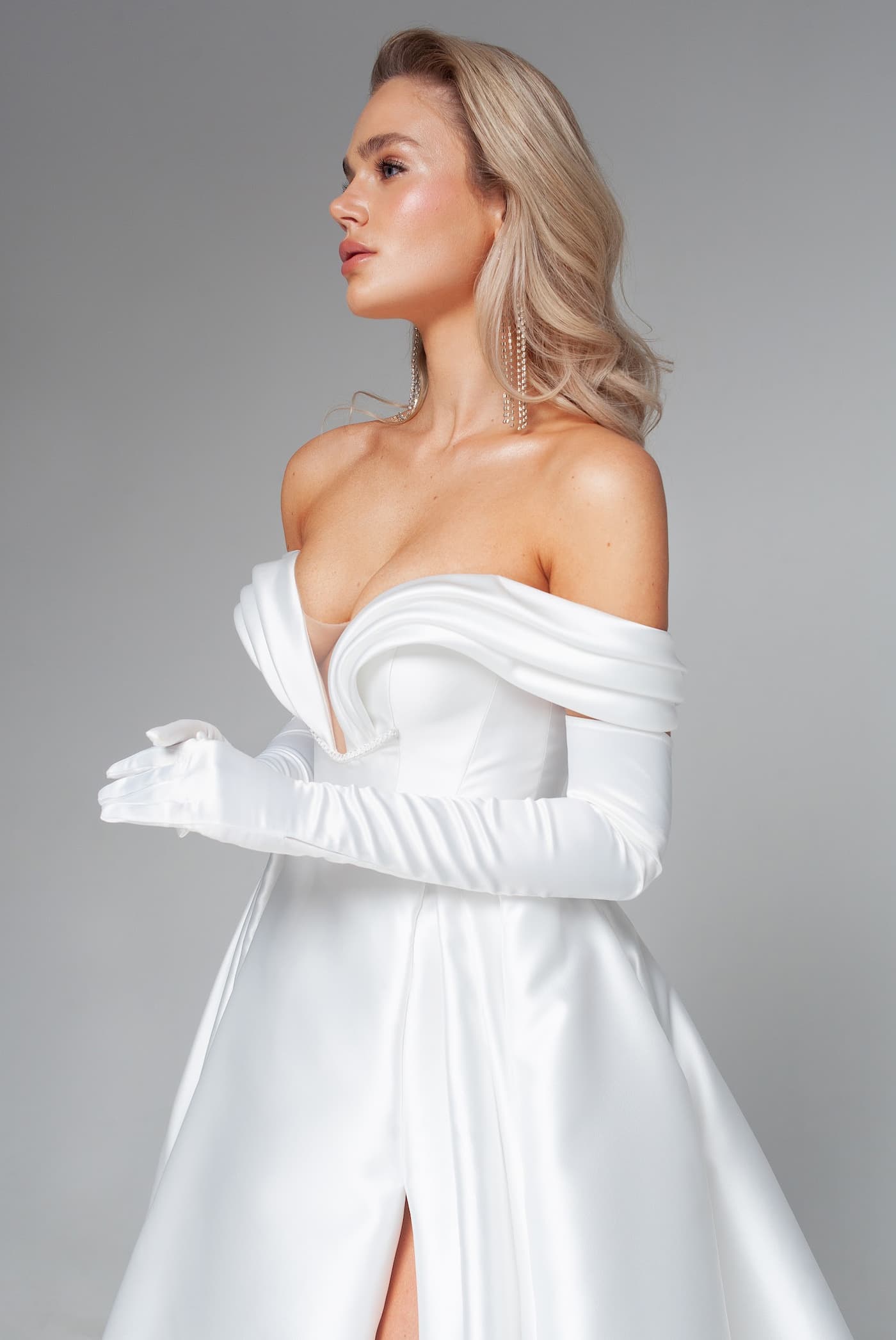 Rara Avis satin off-shoulder wedding dress Rhine at Dell'Amore Bridal, NZ. 8