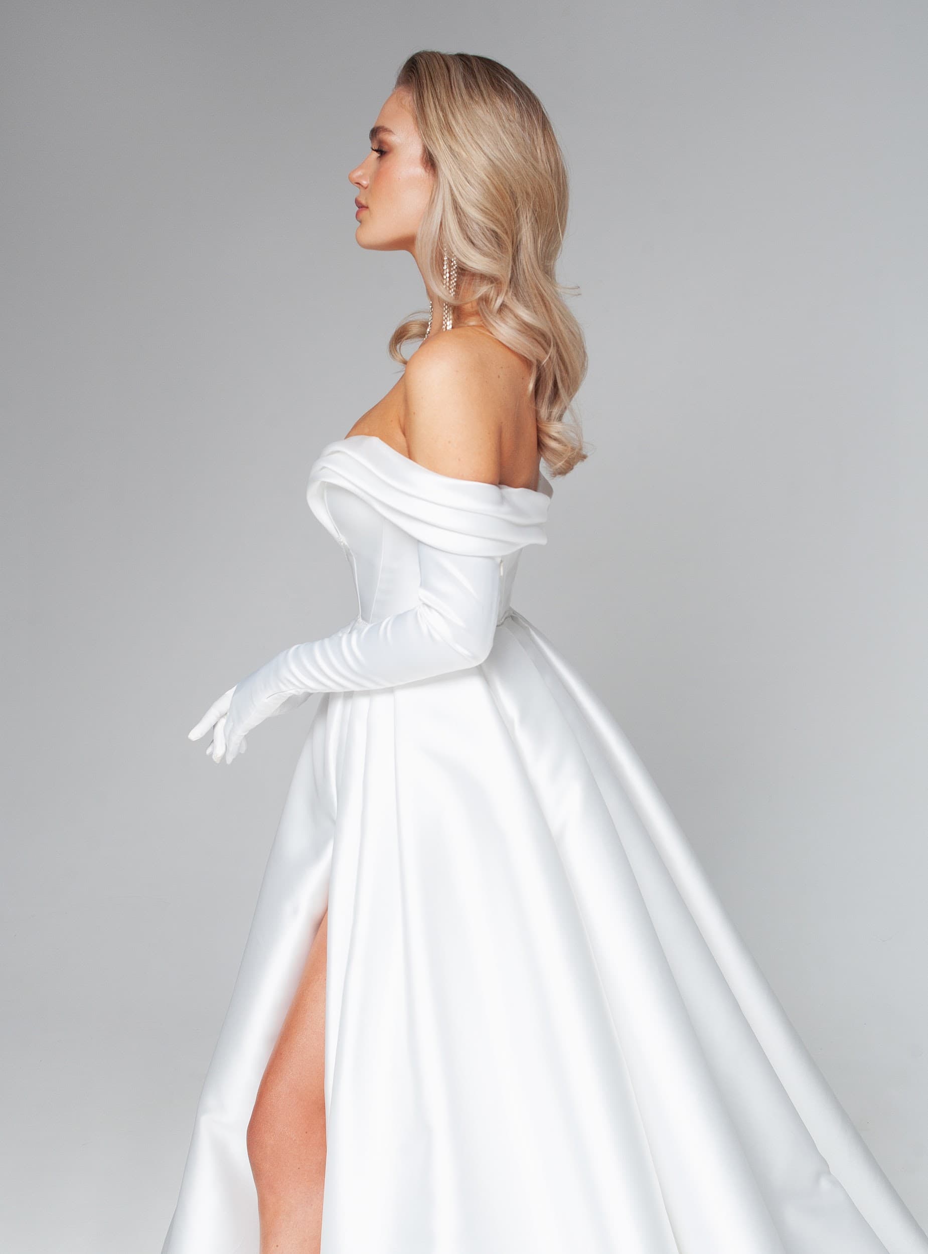 Rara Avis satin off-shoulder wedding dress Rhine at Dell'Amore Bridal, NZ. 7