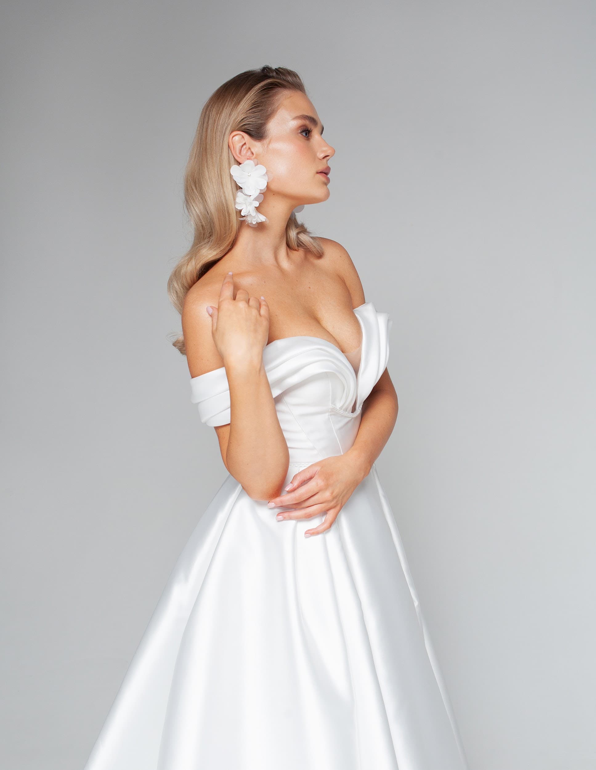 Rara Avis satin off-shoulder wedding dress Rhine at Dell'Amore Bridal, NZ. 2