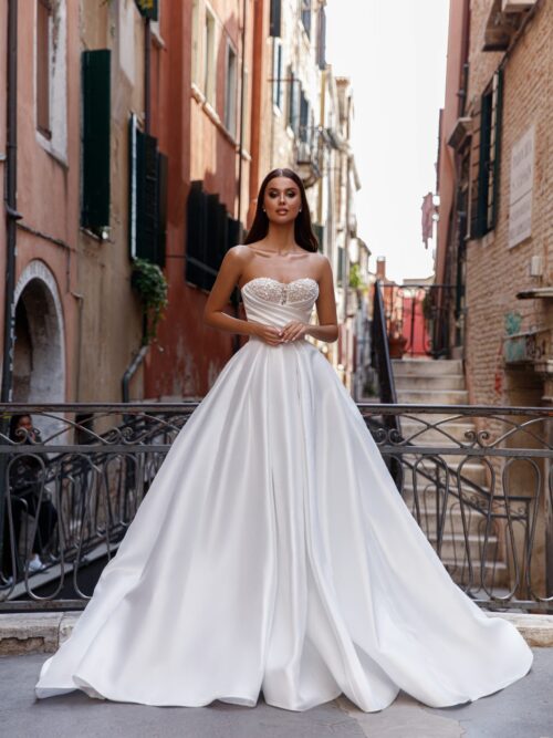 elegant satin bridal gown Nelly with A-line silhouette, beaded sweetheart bodice the by oksana mukha, nz 3