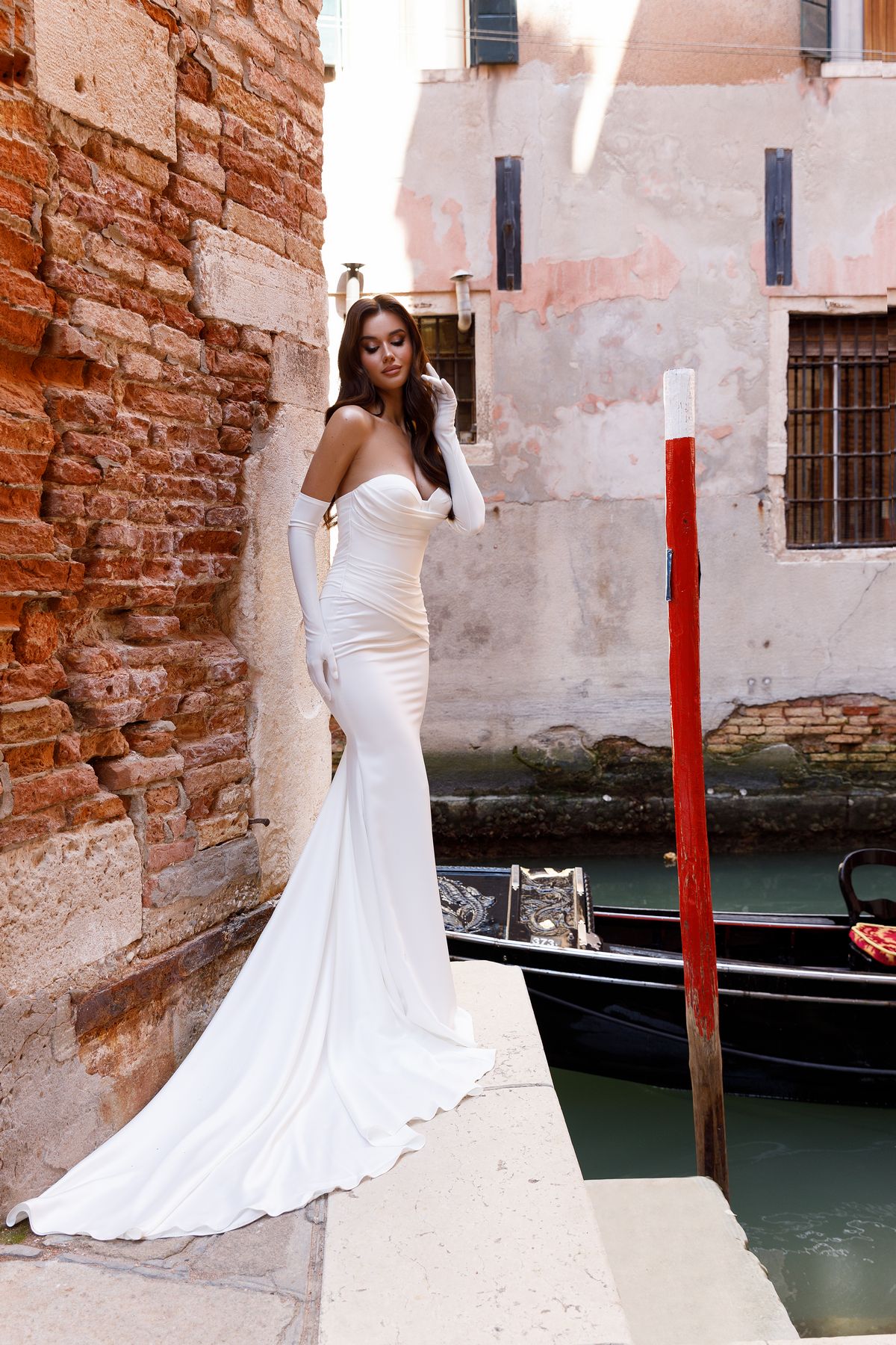 Simple satin fitted silhouette Claudia wedding dress by Oksana Mukha At Dell'Amore Bridal, Auckland, NZ 7