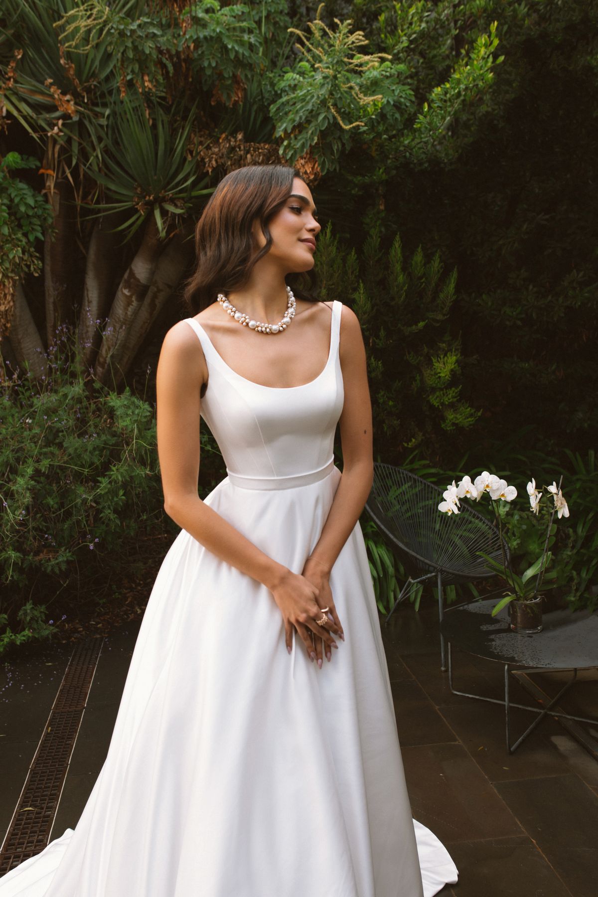 Rara Avis simple satin wedding dress Vela with a long train at Dell'Amore Bridal, NZ 5