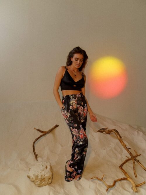 Shani lingerie set consisted of a black bra and floral fabric pants by Rara Avis, NZ 3