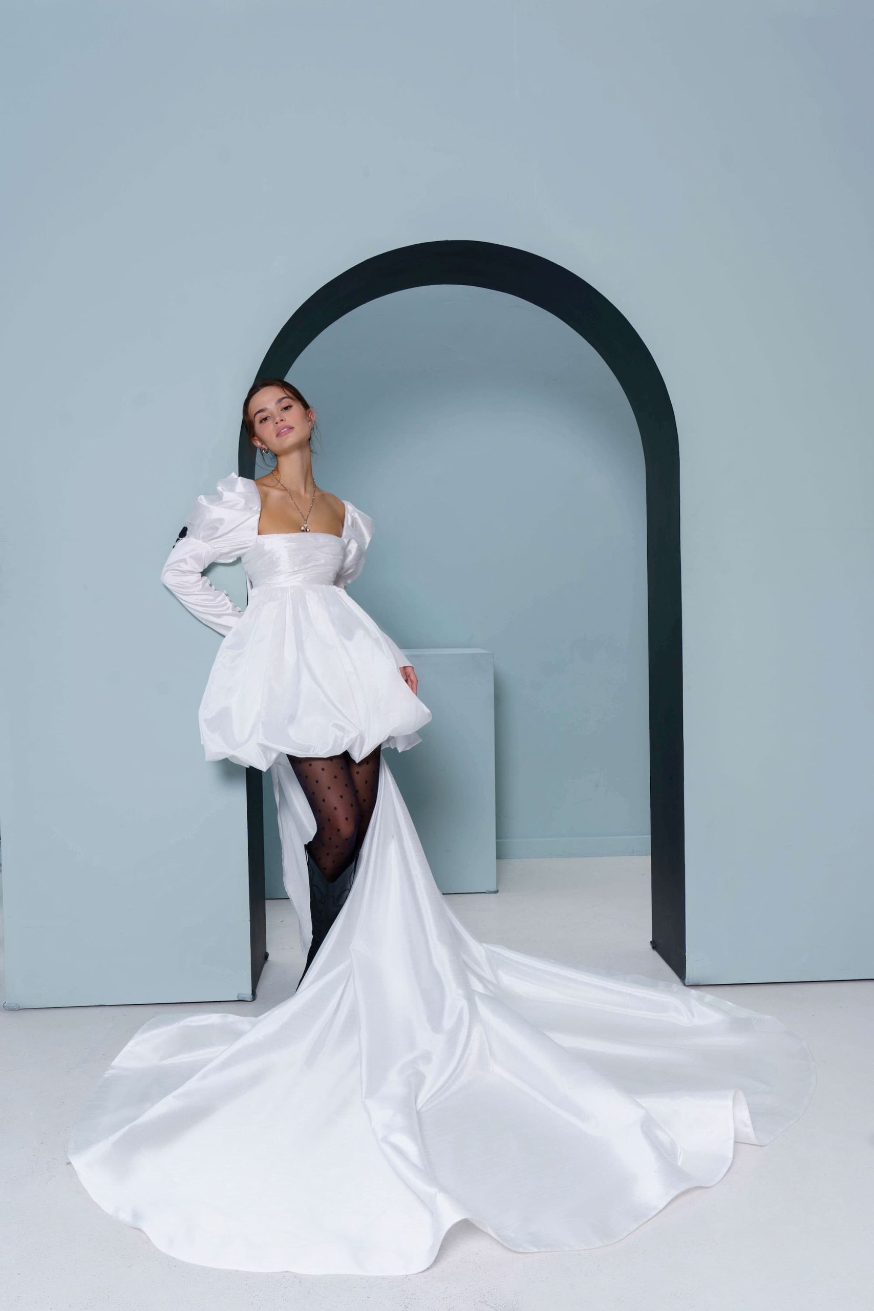 Short satin wedding dress Beal by rara avis with long sleeves and removable train at Dell'Amore Bridal, Auckland, NZ 5